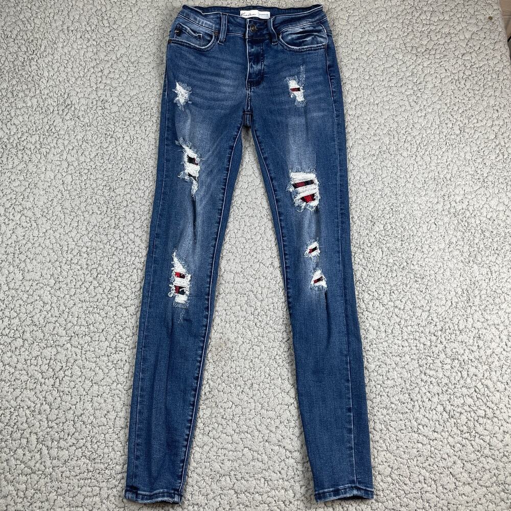 KanCan Women Jeans Distressed Medium Wash Plaid Patch Denim Pants Size 26